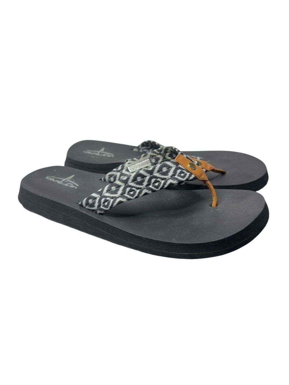 BlueFin Womens Thong Flip Flops‎ Black with Black & White Pattern Straps Size 11